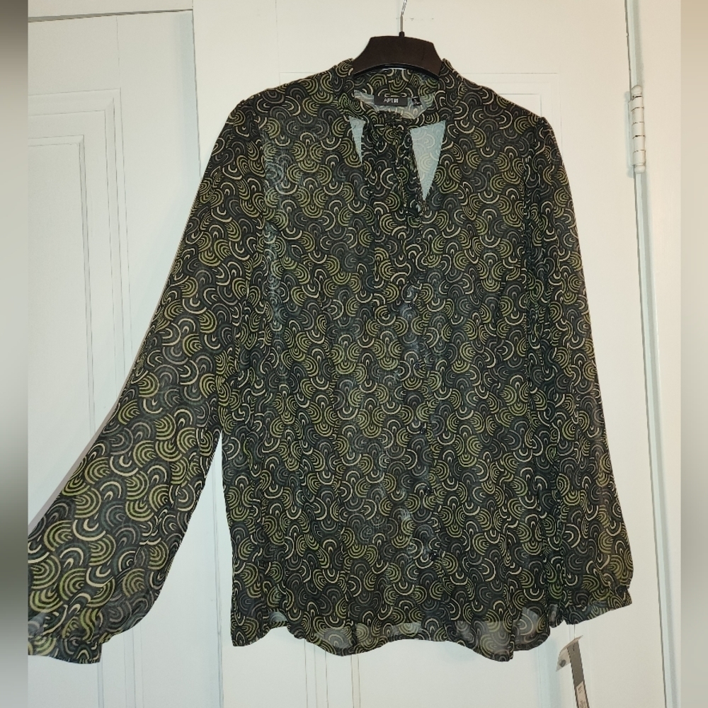 APT 9 WOMANS DESIGNER BOW-TIE BLOUSE PLUS SIZE 1X GREEN BEIGE MULTICOLOR